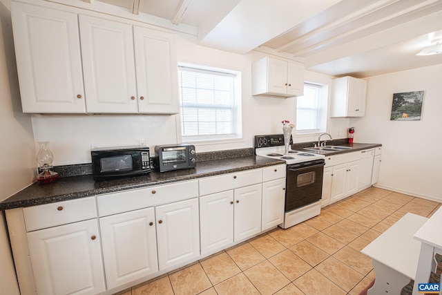 kitchen featuring light tile patterned flooring, sink, white cabinetry, range with electric stovetop, and dishwasher