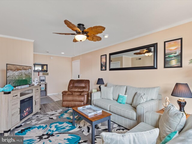 living room featuring crown molding, light wood-type flooring, and ceiling fan