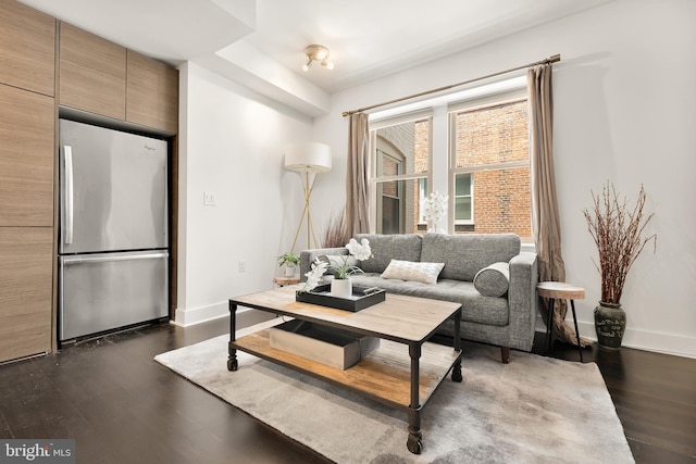 living room featuring dark wood-type flooring