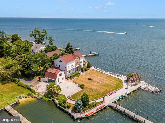 aerial view featuring a water view