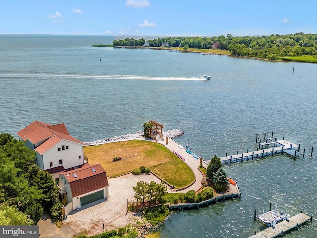 drone / aerial view with a water view