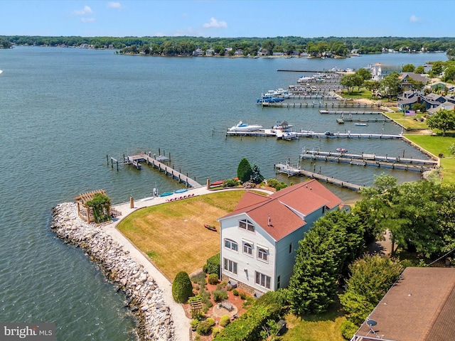 drone / aerial view featuring a water view