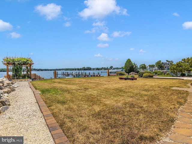 dock area featuring a water view and a lawn