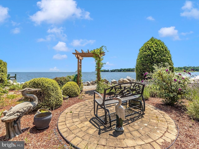 view of patio with a water view