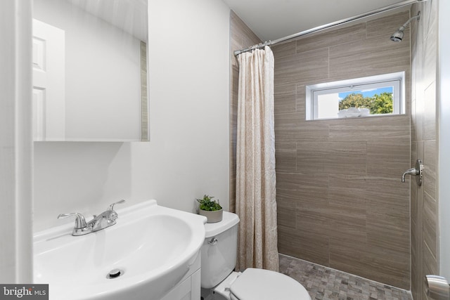 bathroom featuring toilet, vanity, and curtained shower