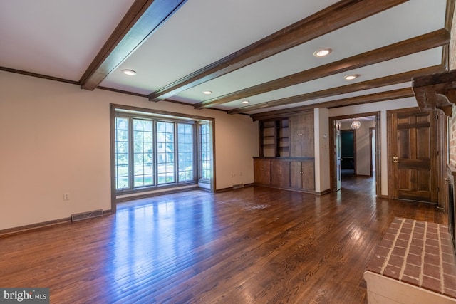 unfurnished living room with dark hardwood / wood-style flooring and beam ceiling