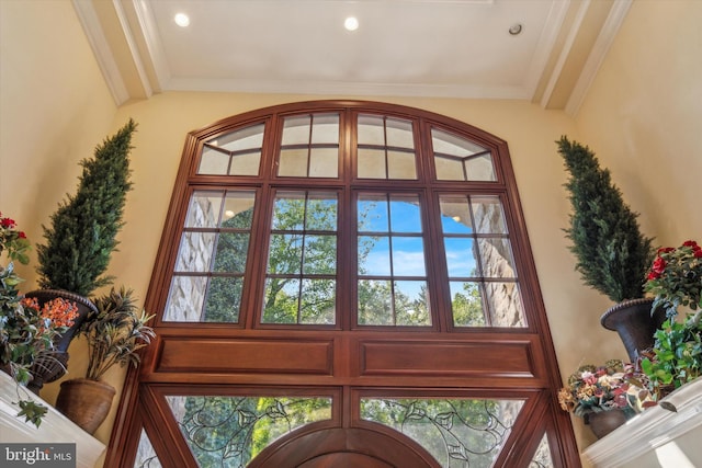 room details with ornamental molding and recessed lighting