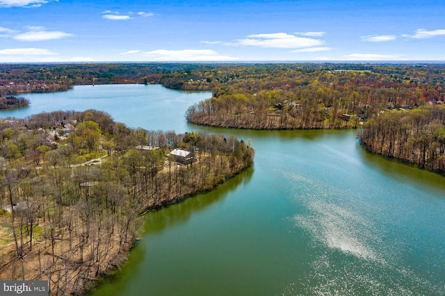 drone / aerial view with a forest view and a water view