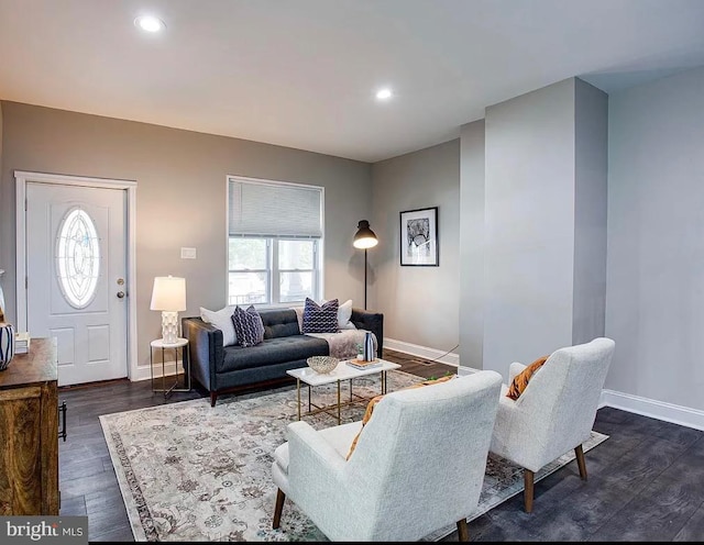 living room with dark hardwood / wood-style flooring