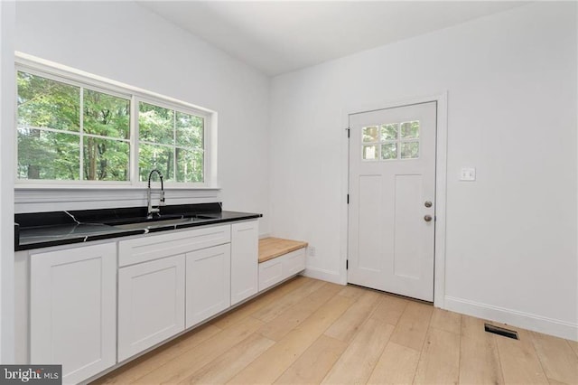 interior space featuring sink, light hardwood / wood-style floors, and white cabinetry