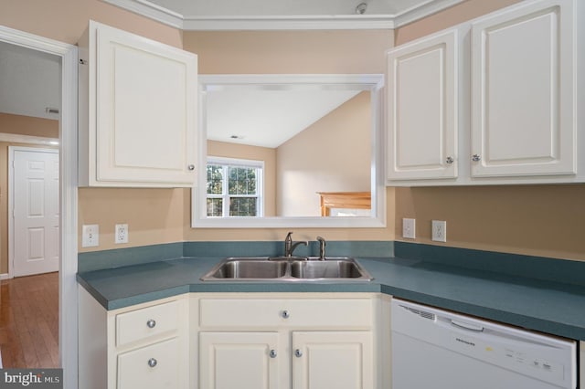 kitchen with white cabinetry, white dishwasher, crown molding, hardwood / wood-style flooring, and sink