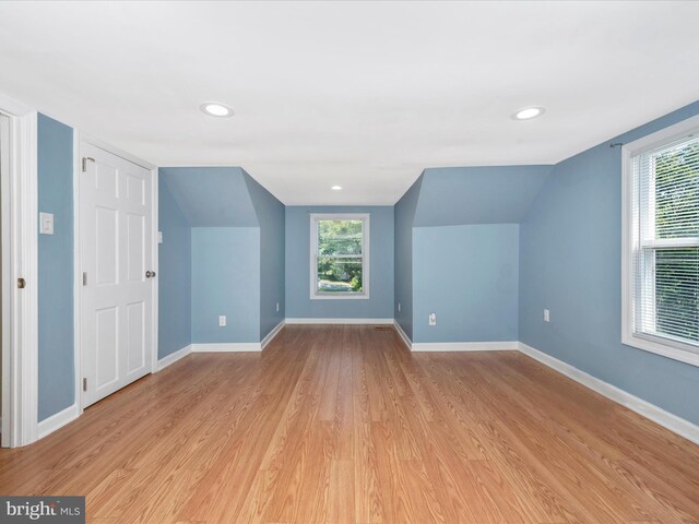 additional living space featuring vaulted ceiling, a wealth of natural light, and light wood-type flooring