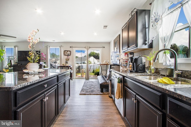 kitchen with dark brown cabinetry, dishwasher, light wood-style flooring, dark stone countertops, and a sink