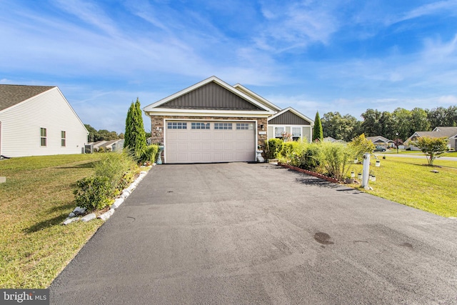 view of front facade with aphalt driveway, board and batten siding, a garage, stone siding, and a front lawn