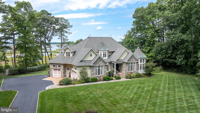 view of front of home with a garage, stone siding, a front yard, and driveway