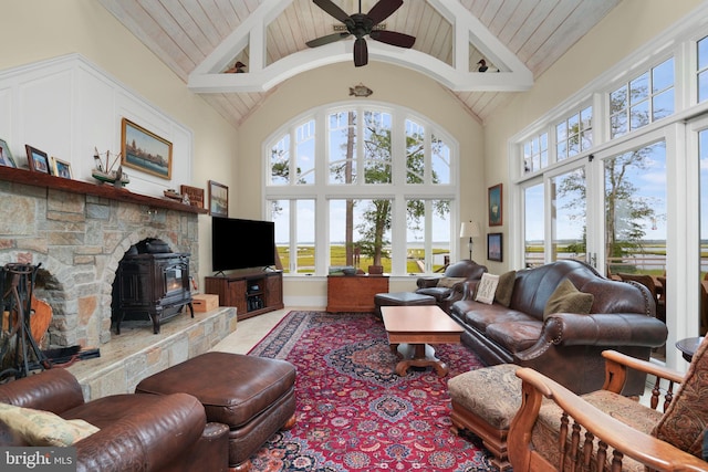 living room with a wealth of natural light, wooden ceiling, ceiling fan, and a wood stove