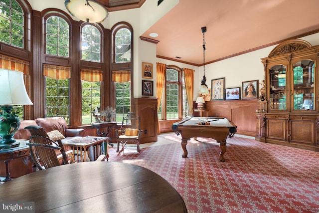 recreation room with crown molding, wainscoting, billiards, and a towering ceiling