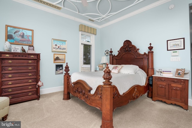 bedroom featuring baseboards, ornamental molding, a ceiling fan, and light colored carpet