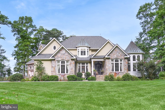 view of front of home with metal roof, stone siding, a standing seam roof, and a front yard