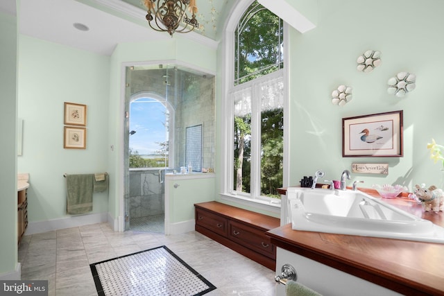 bathroom with a chandelier, a stall shower, a healthy amount of sunlight, and vanity