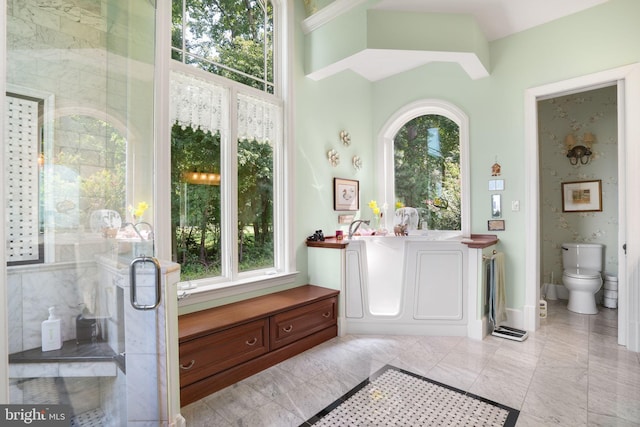 bathroom featuring a garden tub, a shower stall, and toilet