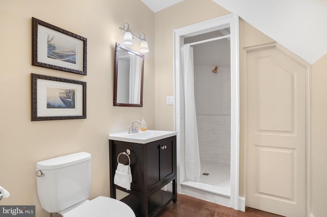 full bath featuring a stall shower, vanity, and toilet