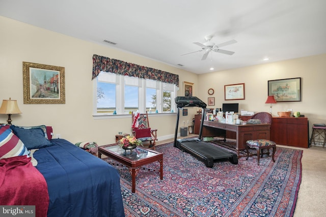 bedroom featuring recessed lighting, light colored carpet, a ceiling fan, baseboards, and visible vents