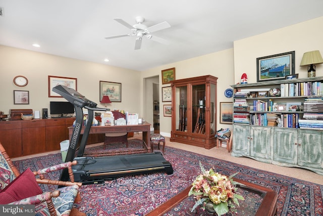 exercise room featuring a ceiling fan, carpet, and recessed lighting