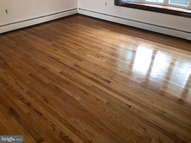 details featuring a baseboard heating unit and hardwood / wood-style flooring