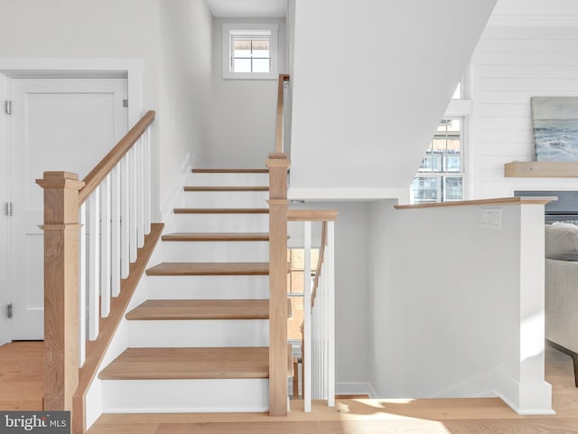 staircase with hardwood / wood-style flooring