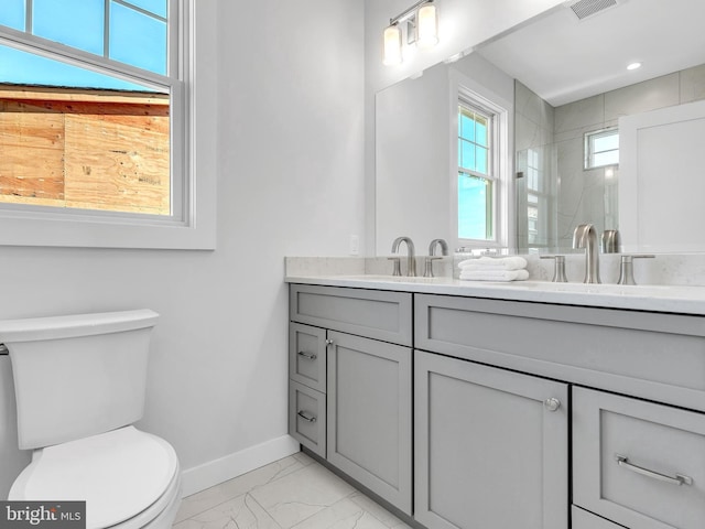 bathroom with toilet, a healthy amount of sunlight, an enclosed shower, and vanity