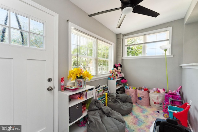 game room featuring ceiling fan