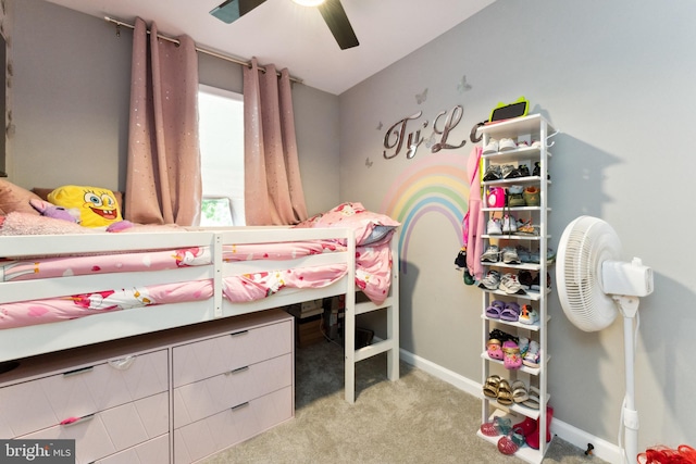 carpeted bedroom featuring ceiling fan