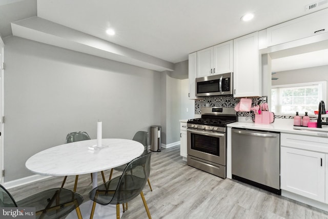 kitchen featuring decorative backsplash, white cabinetry, light hardwood / wood-style floors, and appliances with stainless steel finishes