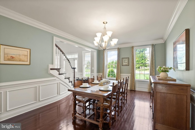 dining space with an inviting chandelier, dark wood-style flooring, and crown molding