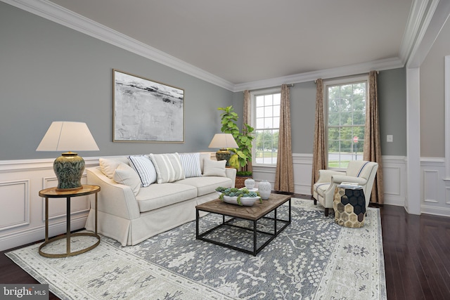 living area featuring a decorative wall, a wainscoted wall, crown molding, and wood finished floors