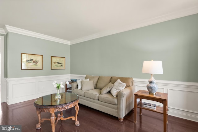 living room featuring a wainscoted wall, crown molding, and dark wood-type flooring