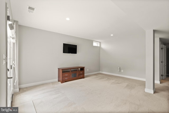 below grade area featuring recessed lighting, carpet, and baseboards