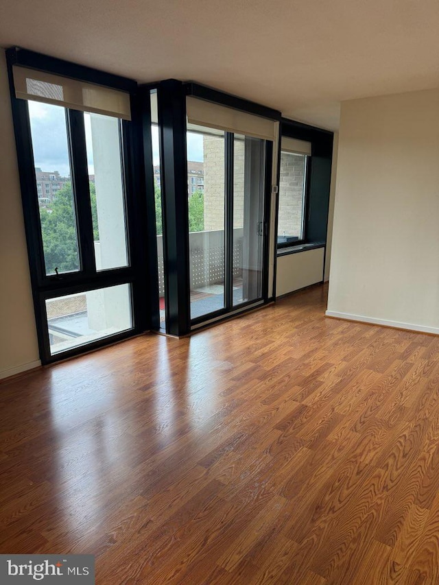 spare room with a wall of windows and wood-type flooring