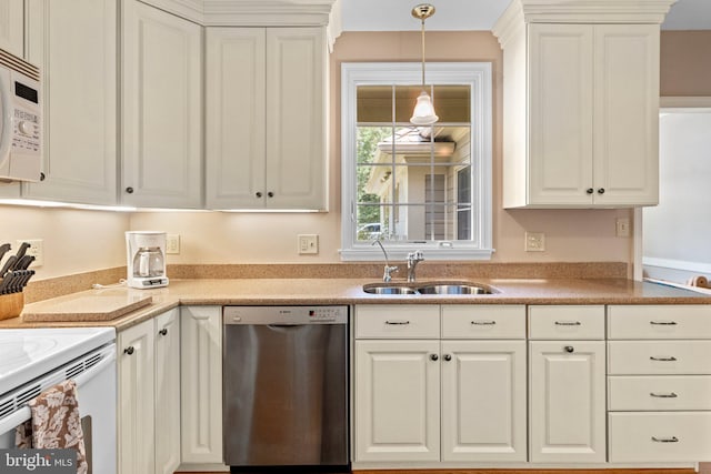 kitchen with range, white cabinetry, stainless steel dishwasher, hanging light fixtures, and sink