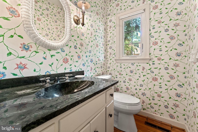 bathroom with vanity, toilet, and wood-type flooring