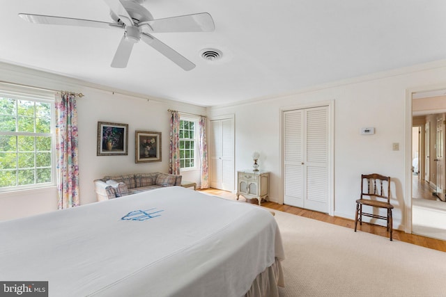 bedroom with two closets, ceiling fan, wood-type flooring, and ornamental molding