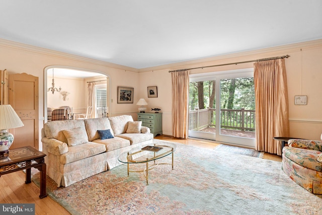 living room featuring crown molding and light hardwood / wood-style flooring