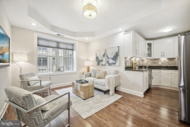 interior space with dark hardwood / wood-style floors, a tray ceiling, and sink