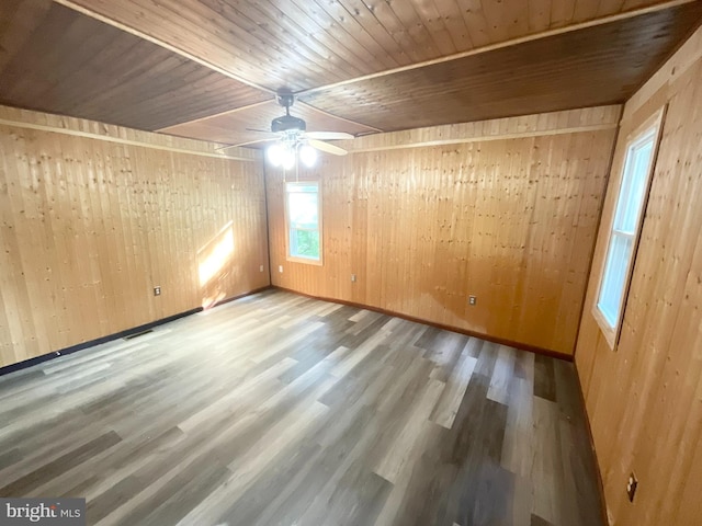 spare room featuring wood ceiling, wood walls, hardwood / wood-style flooring, and ceiling fan