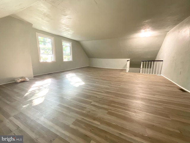 additional living space with vaulted ceiling and dark hardwood / wood-style flooring