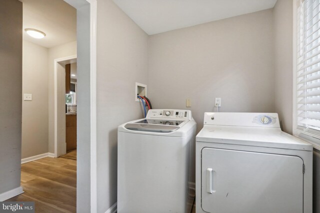 laundry area featuring washing machine and dryer and hardwood / wood-style flooring