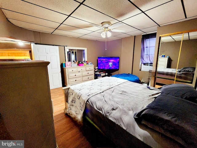 bedroom with a closet, hardwood / wood-style floors, ceiling fan, and a paneled ceiling