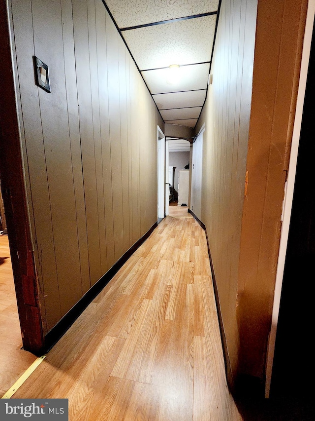 hallway with wood walls and light wood-type flooring