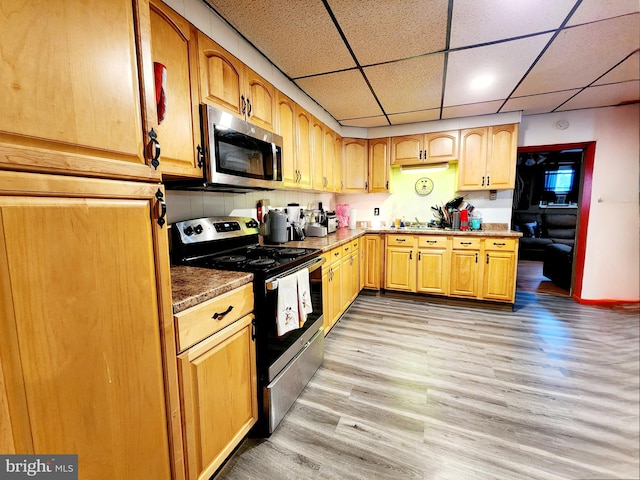 kitchen with appliances with stainless steel finishes, a drop ceiling, and light hardwood / wood-style floors